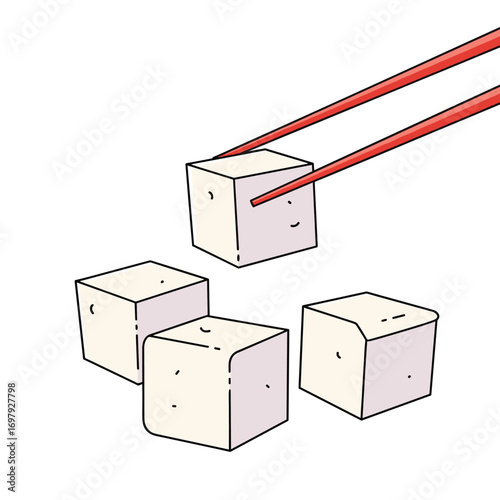 Delicious cubes of tofu being picked up with red chopsticks against a white background for food preparation and cooking