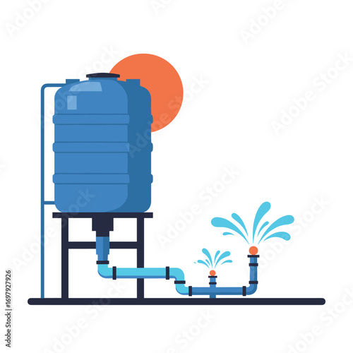 Efficient water storage and distribution system with a large blue tank and multiple sprinklers irrigating an area under a warm sun