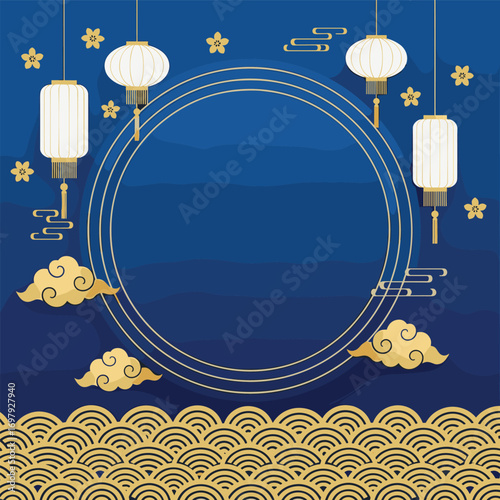Elegant lunar new year celebration background with traditional lanterns and clouds