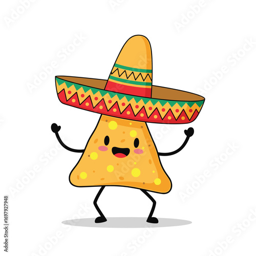 Joyful tortilla chip character dancing merrily wearing a sombrero fiesta celebration