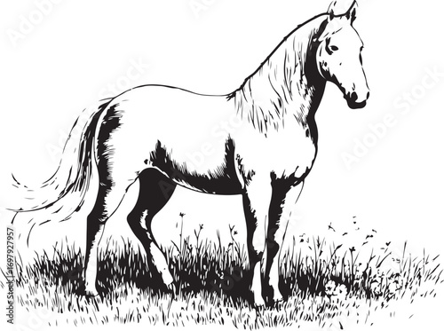 engraving vintage Horse on Grass vector art illustration, old vintage Horse design.