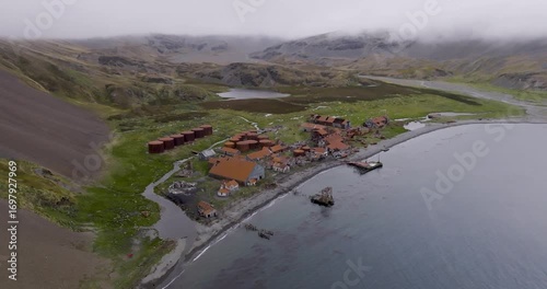 Drone view of Grytviken, the abandoned whaling station on South Georgia Island in the South Atlantic