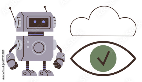 Robot alongside cloud and eye with checkmark conveys automation, security, AI, and validation. Ideal for innovation, AI, data security, IoT technology cloud computing efficiency. Simple flat