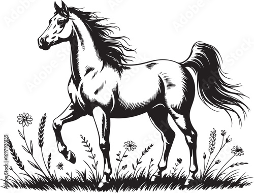 engraving vintage Horse on Grass vector art illustration, old vintage Horse design.