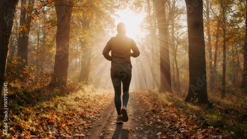 A runner seen from behind, jogging through an autumn forest trail with falling leaves and soft sunlight