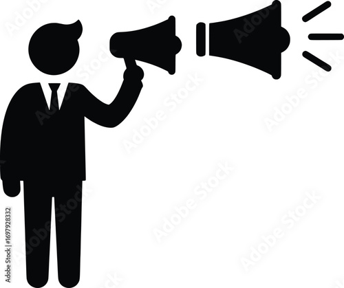 Businessman Announcing Ideas with Megaphone, Urban Environment, Vector Illustration for Entrepreneurs and Innovators