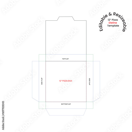 12 inch pizza box dieline template editable resizable graphic design vector