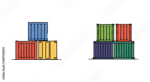 stacked shipping containers arranged in two separate groups