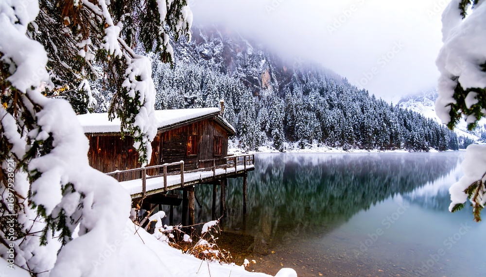 Fototapeta premium Snowy mountain chalet by a calm lake