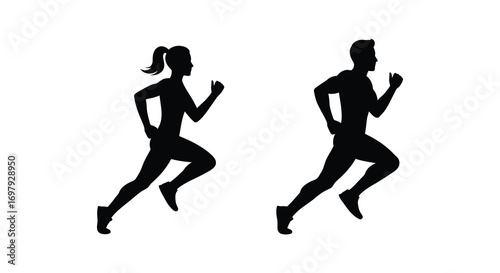 a man and woman running together in silhouette form