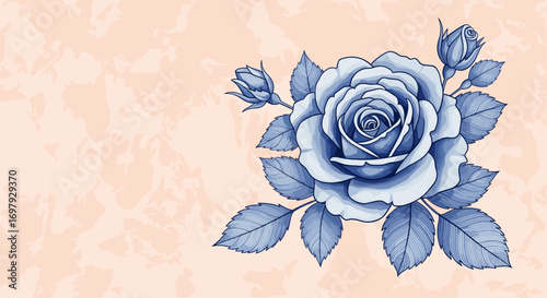 A detailed illustration of a delicate blue rose with budding companions against a soft peach textured background