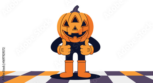 Spooky halloween jack o lantern character giving thumbs up with cheerful expression and outline style design