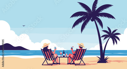 Couple relaxing enjoying tropical beach vacation with palm trees and ocean view under sunny skies