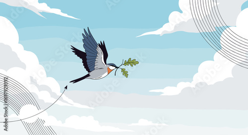 A majestic bird soars gracefully through the sky carrying a branch of green leaves