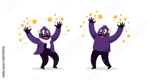 Two happy purple monsters celebrating with glittering stars flying around them