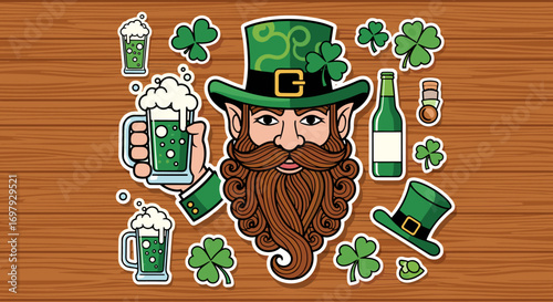 Charming irish leprechaun character surrounded by festive symbols and refreshing green beer celebrating a joyful holiday