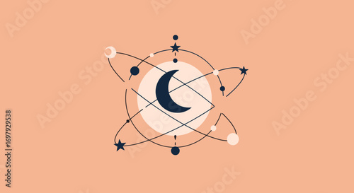 Mystical celestial moon and star constellation orbiting sacred geometry pattern with cosmic elements