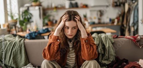 The woman sitting on a cluttered sofa, overwhelmed by household mess and mental fatigue