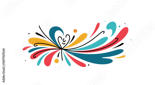 Vibrant abstract swirls with a heart shape center and colorful splashes evoking joyful celebration and creative expression
