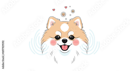 Adorable fluffy pomeranian dog with hearts bubbles and sound waves radiating happiness and joy