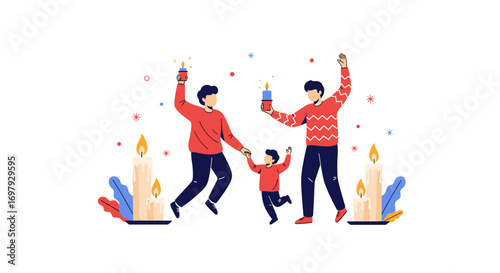 Joyful family celebrating holidays with sparklers and candles festive occasion
