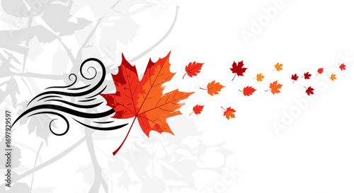 Vibrant autumn maple leaf swirls and falling leaves graphic design elements