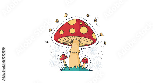 Whimsical woodland creatures adorning a vibrant mushroom forest scene