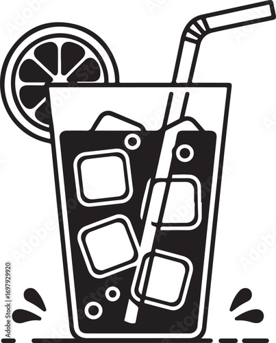 Black and white graphic of a refreshing iced drink with a lemon slice and straw beverage refreshment
