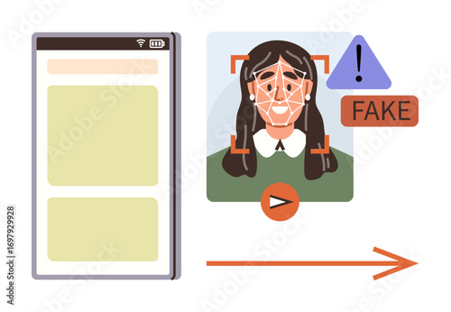 Facial recognition system flags deepfake content, shown with warning symbols and analysis visuals on a mobile screen. Ideal for AI ethics, cybersecurity, media verification, digital literacy, deep