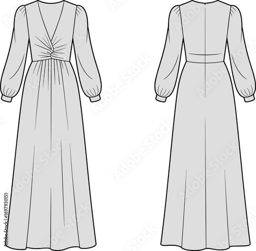 Elegant long sleeve maxi dress front and back view, pleated design fashion template, cad drawing flat vector illustration