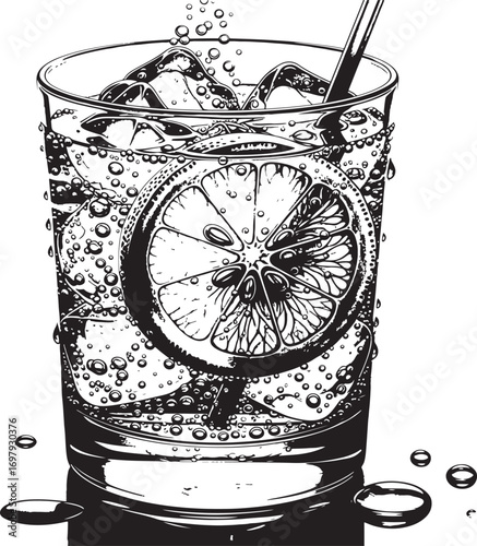 Refreshing Drink with Lemon Slices Ice and Bubbles in Black and White beverage glass