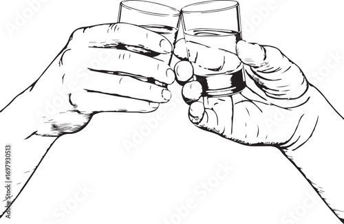 Two Hands Clinking Shot Glasses Filled With Clear Liquid In A Toast alcohol