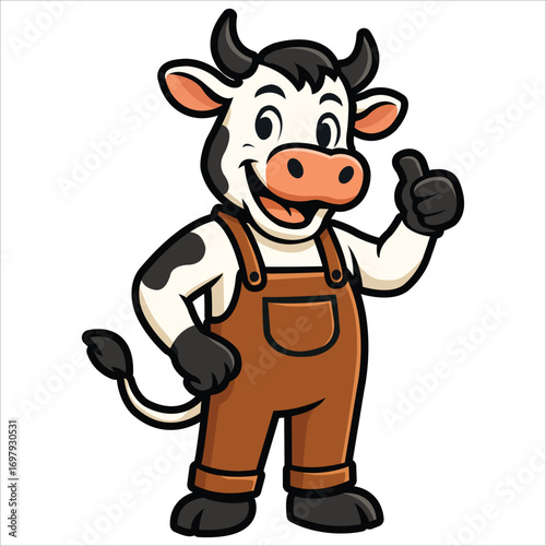 Cute cartoon cow farmer mascot set wearing brown overalls with different poses such as waving, thumbs up, holding milk bucket, pitchfork, pointing, jumping and standing, perfect for farm and dairy des