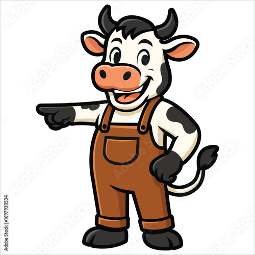 Cute cartoon cow farmer mascot set wearing brown overalls with different poses such as waving, thumbs up, holding milk bucket, pitchfork, pointing, jumping and standing, perfect for farm and dairy des