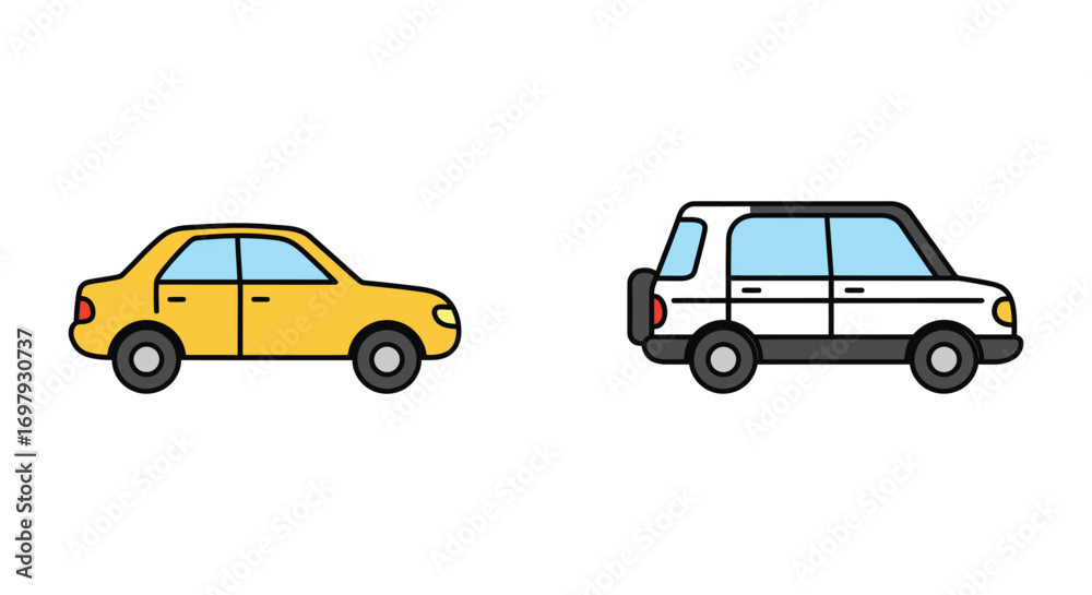 Fototapeta premium a yellow car and white van parked side by side