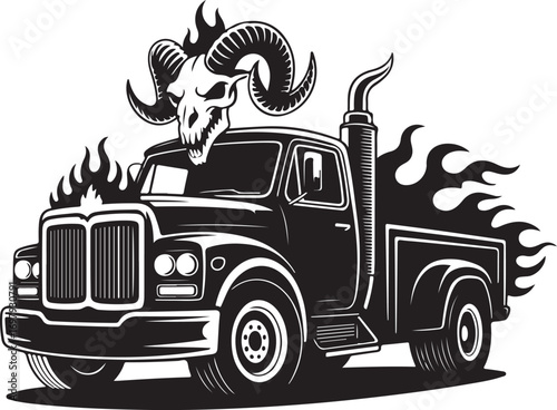 Black and white illustration of a vintage truck with ram skull and flames old truck