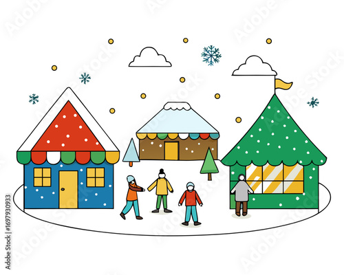 Snowy village square with glowing lights, Christmas stalls selling gifts and food vector festive scene illustration
