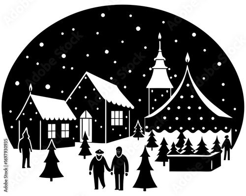 Snowy village square with glowing lights, Christmas stalls selling gifts and food, people walking under snowfall, vector festive scene illustration