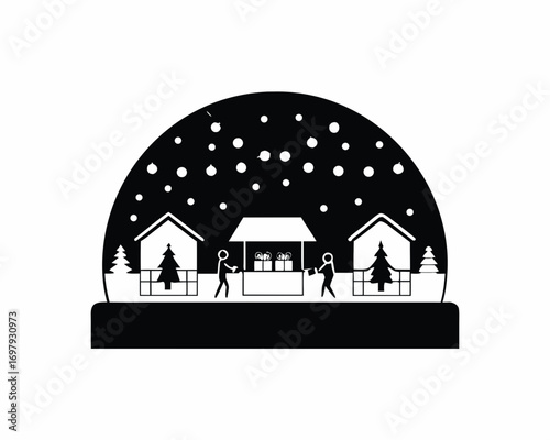 Snowy village square with glowing lights, Christmas stalls selling gifts and food, people walking under snowfall, vector festive scene illustration