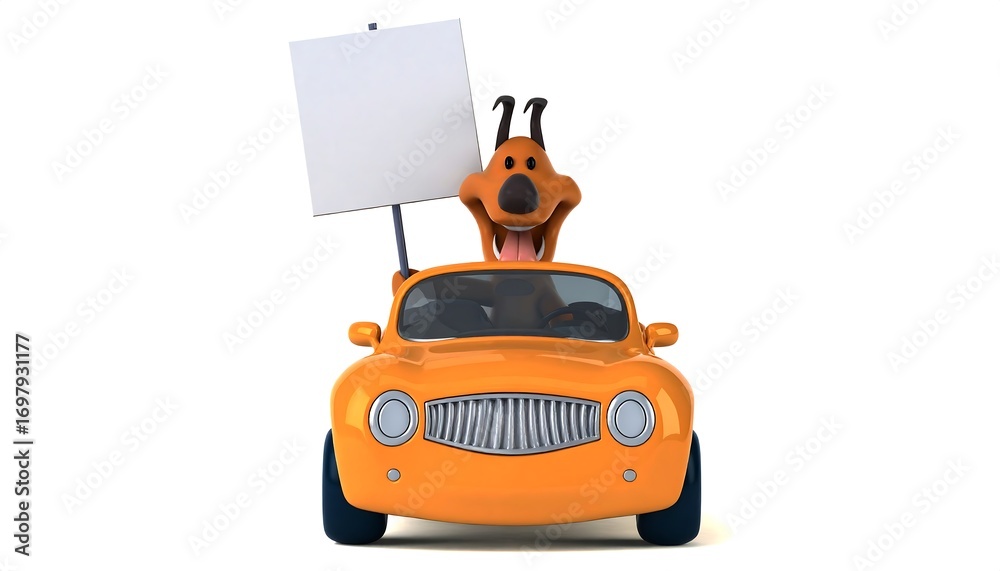 Fototapeta premium A cartoon dog drives a vibrant orange car, holding a blank sign.