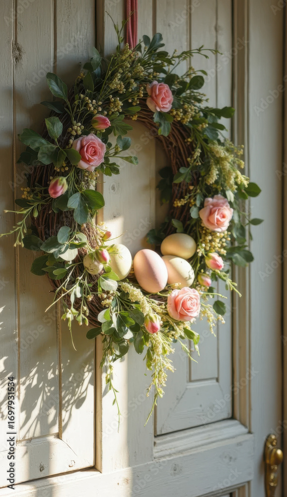 Naklejka premium Spring floral wreath with roses and greenery hanging on a wooden door