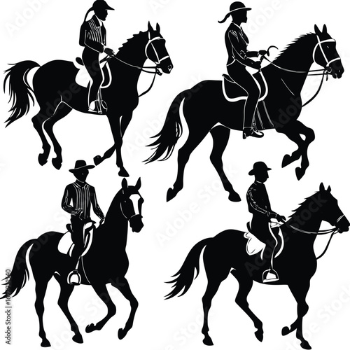 Equestrian silhouettes of riders on horseback in dynamic poses