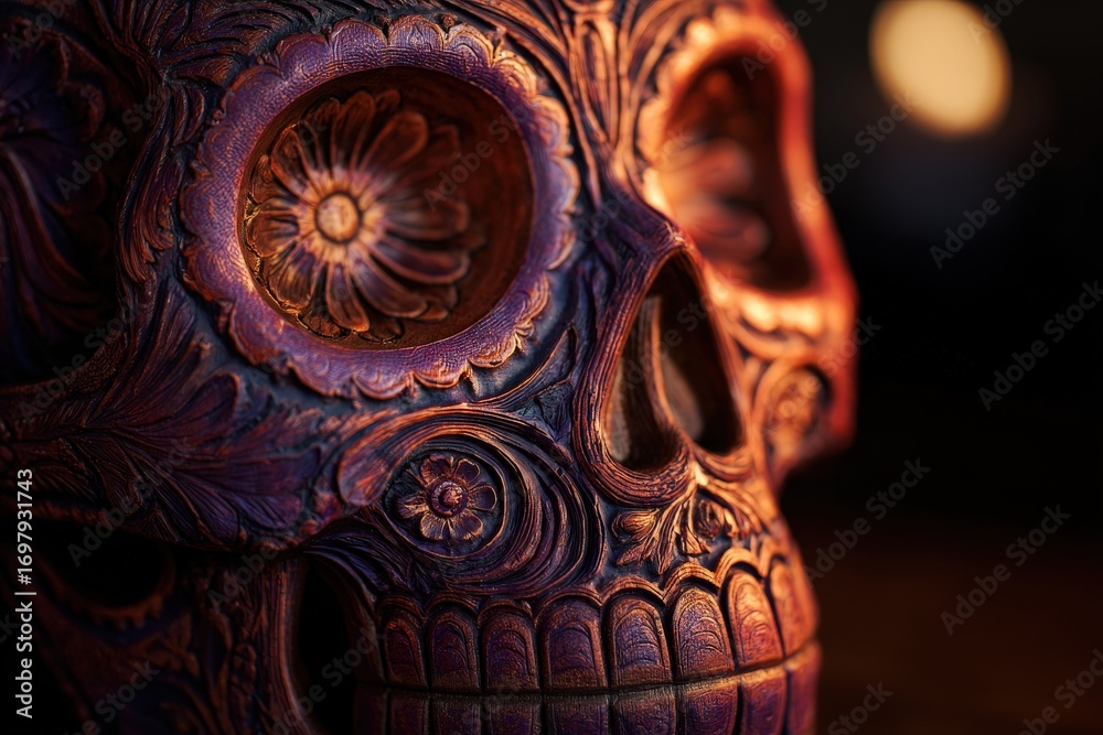 Obraz premium A detailed close-up view of an intricately carved skull, showcasing elaborate floral patterns and rich, dark colors.