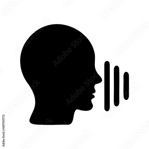Voice recognition icon with head silhouette and sound waves, artificial intelligence