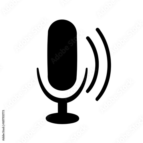 Black and white illustration of a microphone icon with sound waves symbol