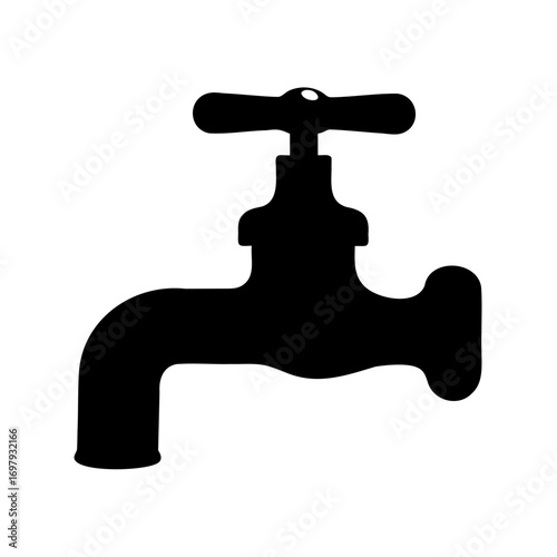 Silhouetted Water Faucet with Handle on a White Background, Minimalist Style