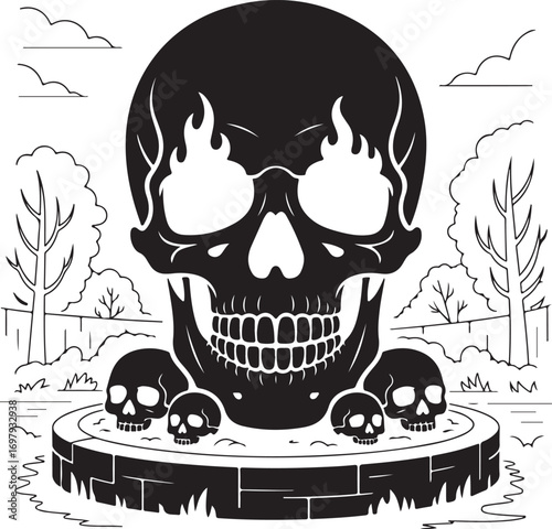 Black and white illustration of a large skull with flames in eyes and smaller skulls human skull