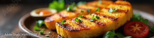 Delicious grilled halloumi cheese shaped like a candlestick, served with roasted vegetables and a vibrant dipping sauce Perfect for a unique and memorable meal , foodie, cheese, meal