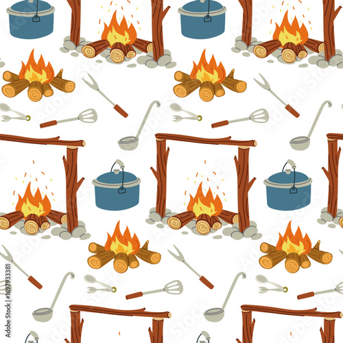 A campfire made of wood around stones, a pot, and a ladle. Flat color texture. Camping item. Campfire, camping utensils. Design for postcards. Picnics, hikes, camping