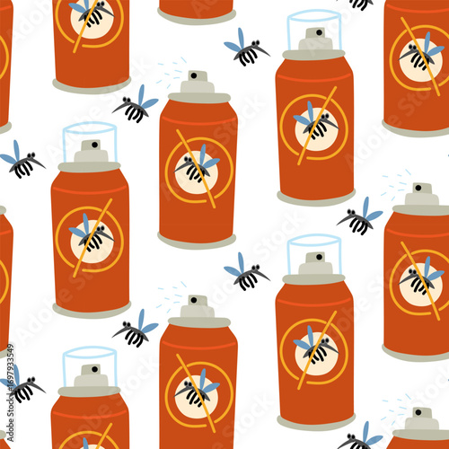 Pattern Mosquito repellent aerosol canister. Flat color seamless texture. Spray for spraying mosquito bites, insects. Closed canister, orange. Packaging design. Picnics, hiking, camping